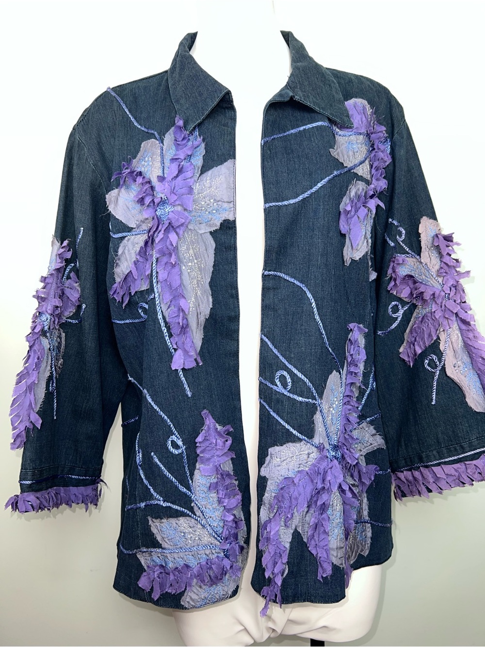 Bleu Bayou Denim Jacket Purple 3D Floral Appliqué Wearable Art Women’s 2X